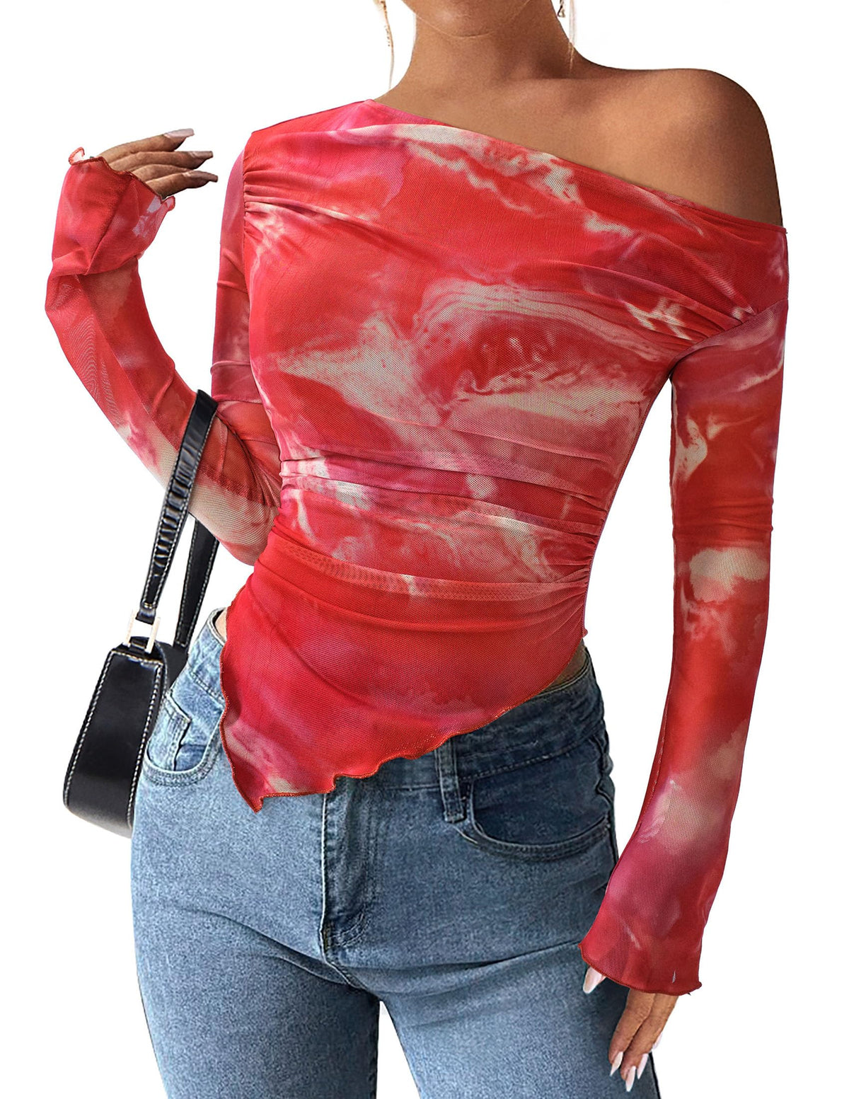 PRETTYGARDEN Womens Off Shoulder Mesh Y2k Tops | Stretchy Fitted Long Sleeve Shirts,Tie Dye Floral Blouse,Double Lined Ruched,Asymmetrical Hem,Going Out Daily Fall Clothes