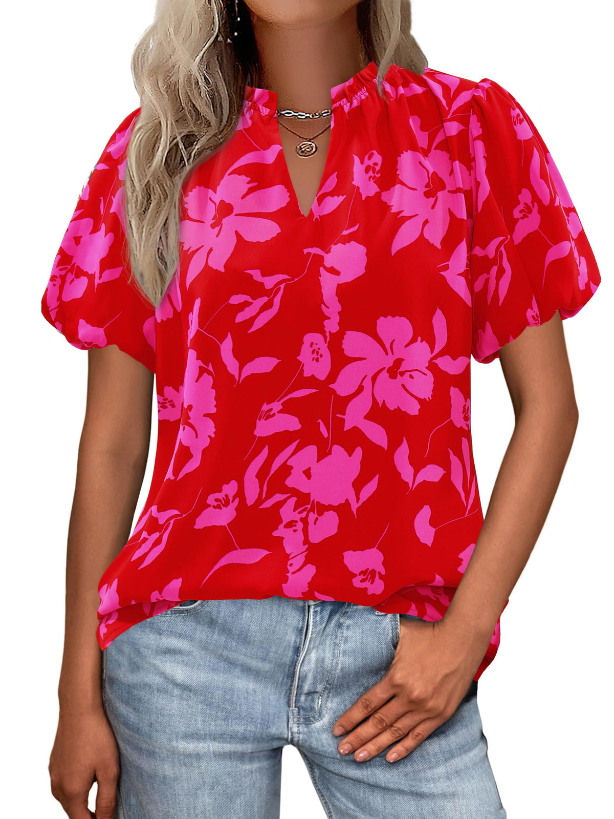 MASCOMODA Boho Short Sleeve Floral Work Blouses for Women Dressy Casual | Puff Sleeve Floral Tops Trendy, Ruffle V Neck, Loose Fit & Lined, Bohemian Top, Chiffon Blouses, Flowy Spring Work Shirts