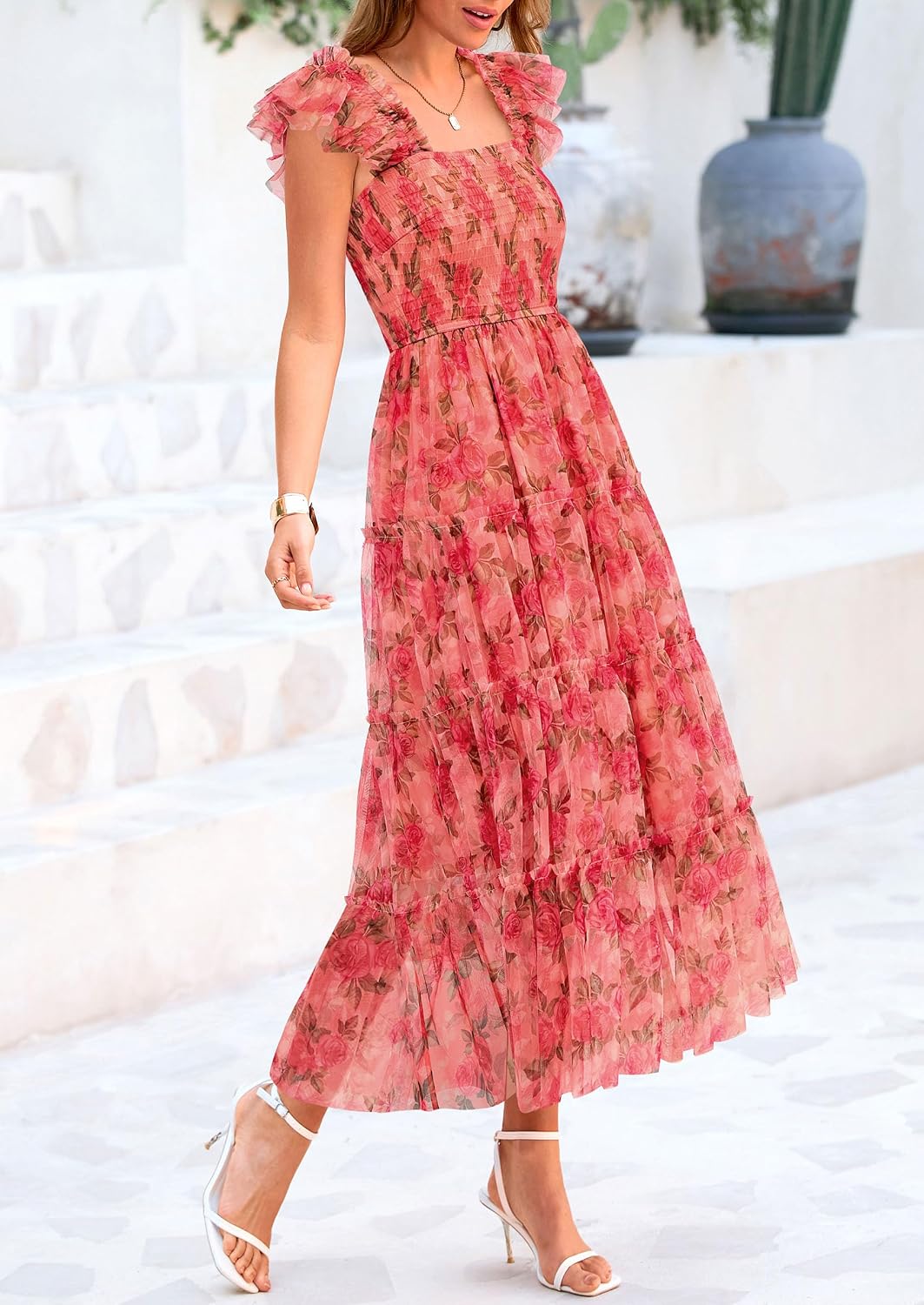 PRETTYGARDEN Women's Summer Smocked Midi Tulle Dress | Sleeveless Square Neck A Line, Flowy Tiered Mesh, Spring Semi Formal Wedding Guest Outfits, Homecoming Prom Party Dresses