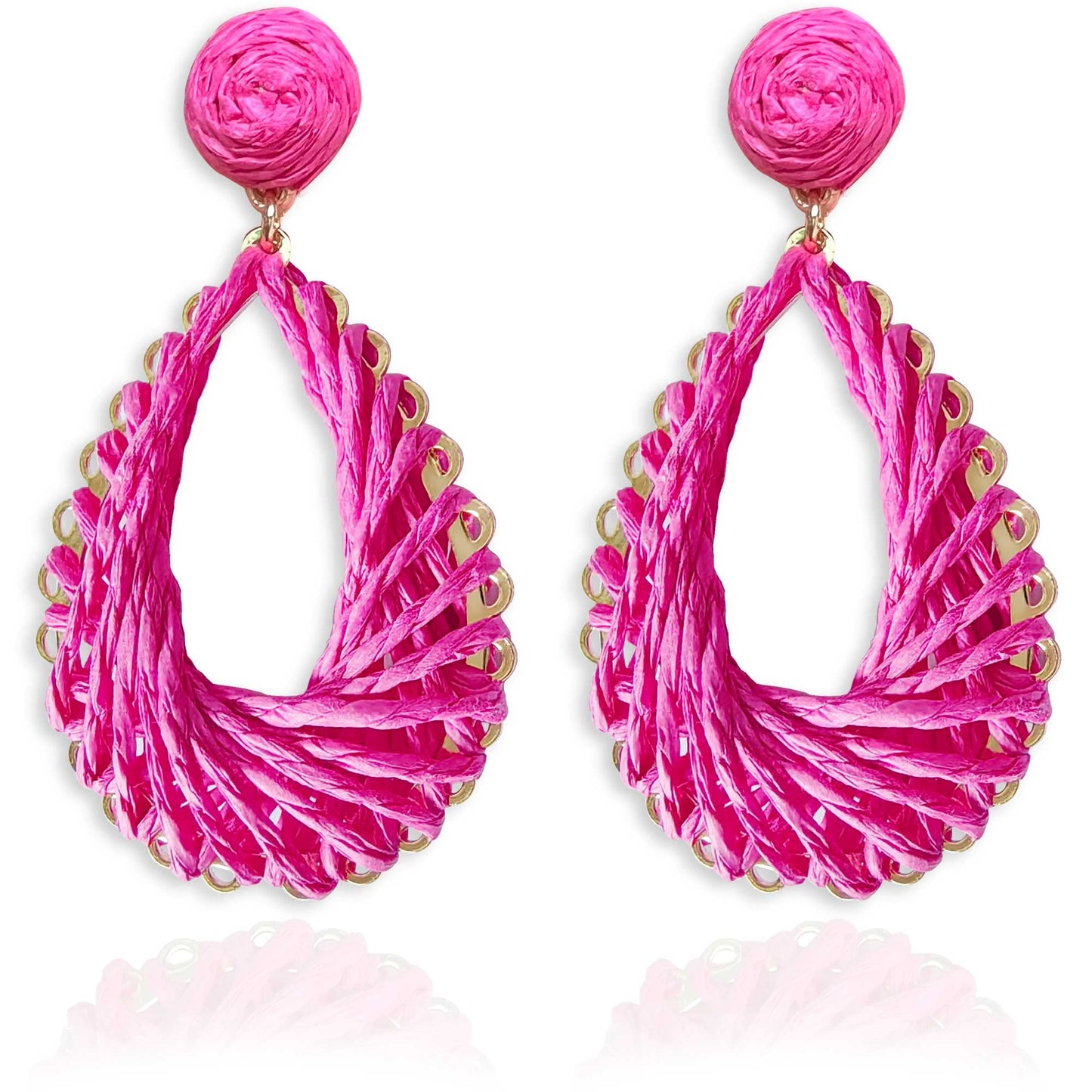 Boho Rattan Drop Earrings Women Raffia Teardrop Earrings Dangle Handmade Hot Pink Summer Earrings Jewelry