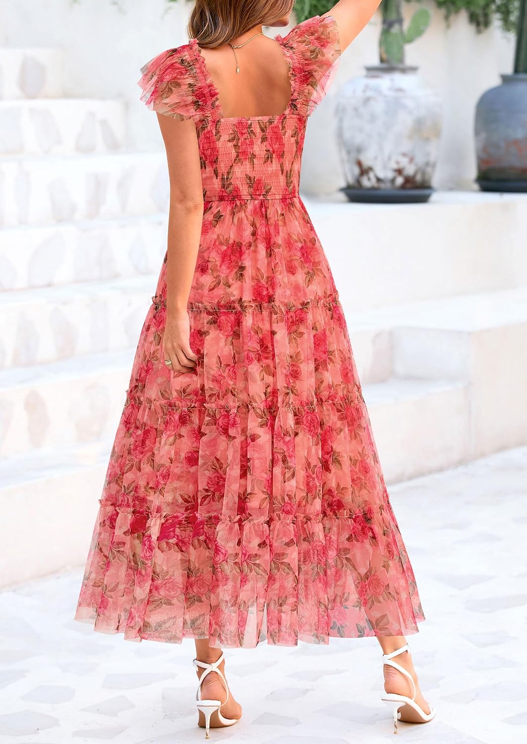PRETTYGARDEN Women's Summer Smocked Midi Tulle Dress | Sleeveless Square Neck A Line, Flowy Tiered Mesh, Spring Semi Formal Wedding Guest Outfits, Homecoming Prom Party Dresses