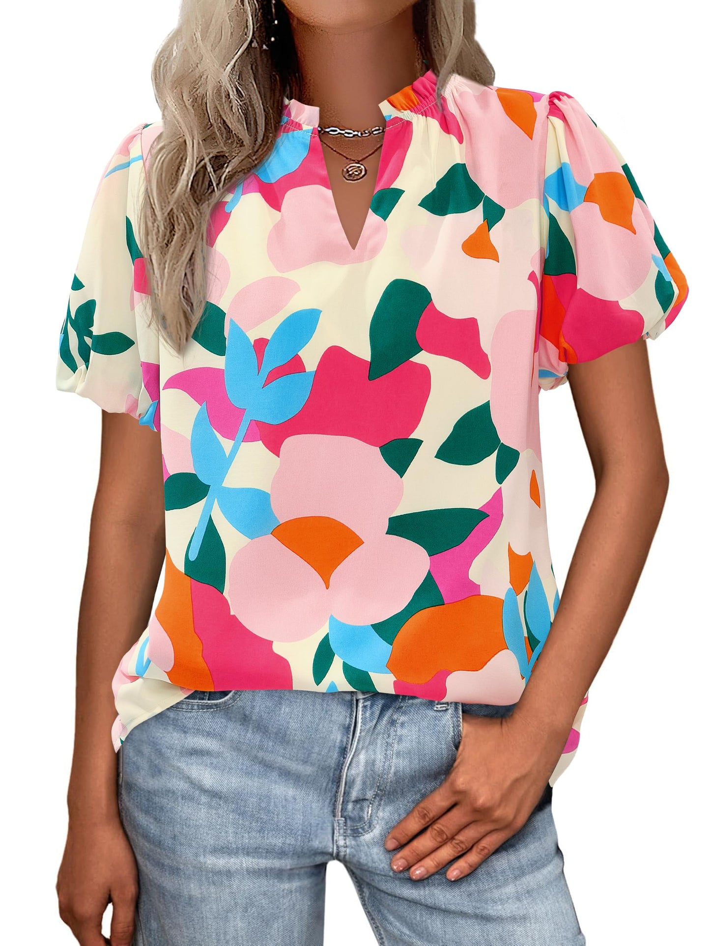 MASCOMODA Boho Short Sleeve Floral Work Blouses for Women Dressy Casual | Puff Sleeve Floral Tops Trendy, Ruffle V Neck, Loose Fit & Lined, Bohemian Top, Chiffon Blouses, Flowy Spring Work Shirts