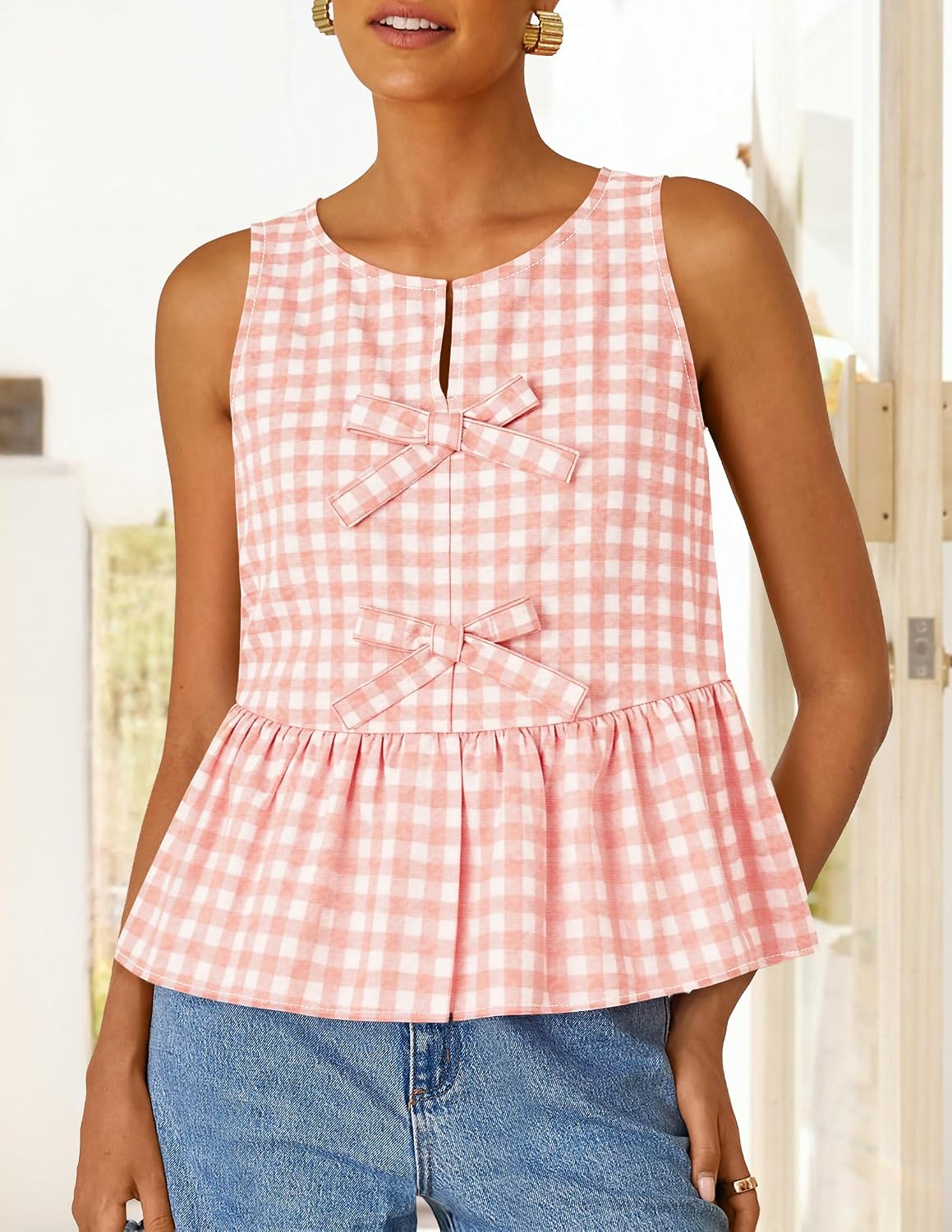 ZESICA Women's Summer Sleeveless Gingham Tank Tops 2026 Crewneck Tie Front Top Loose Ruffle Peplum Babydoll Blouses