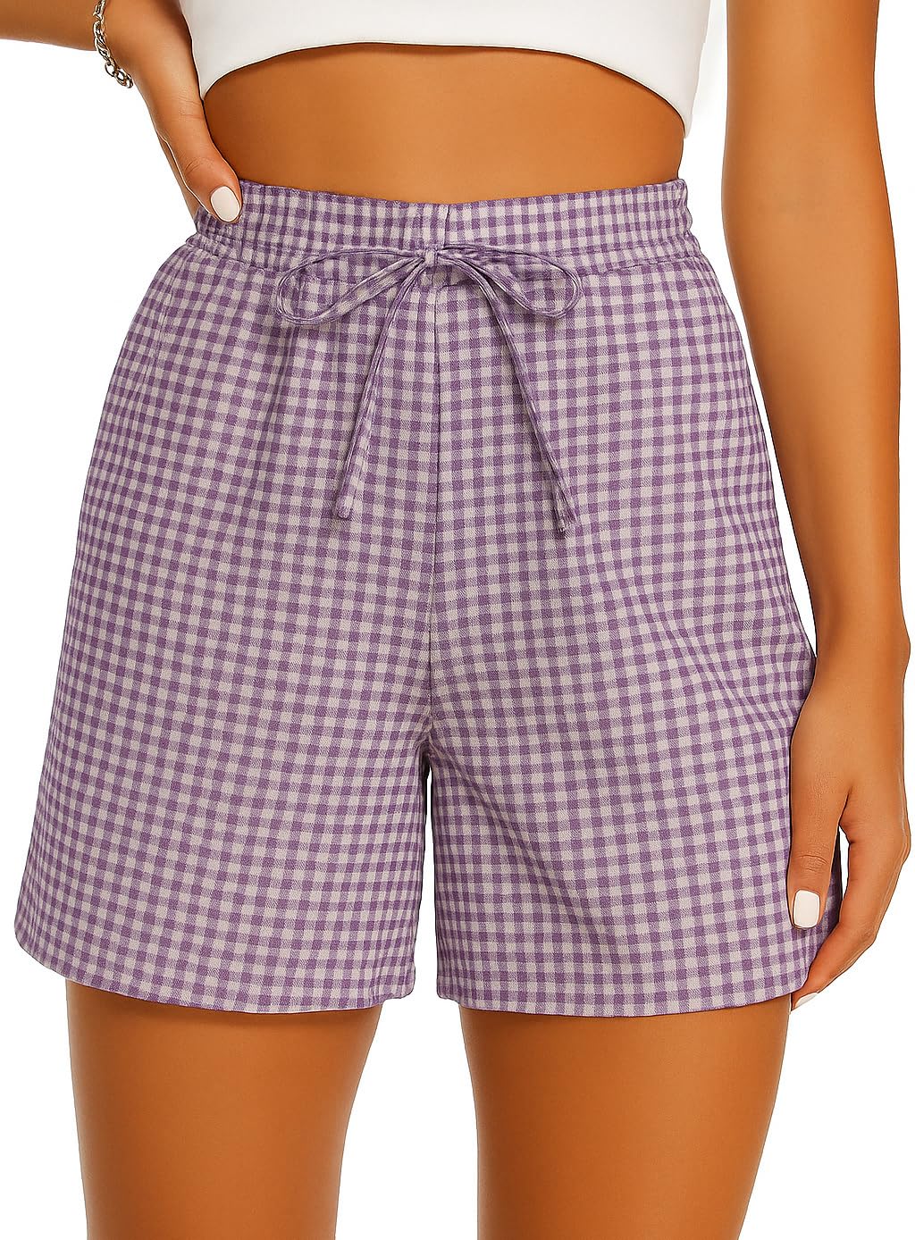 Womens Cotton Striped Gingham Boxer Shorts Checkered Plaid Casual Biker Shorts PJ Pajama Lounge Sleep Summer Beach Vacation