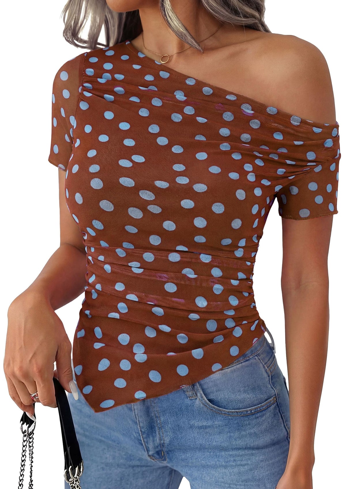 PRETTYGARDEN Mesh Off The Shoulder Tops for Women | Soft Stretchy Knit,Slim Fit Tie Dye Shirt,Double Lined Blouses,Asymmetrical Ruched Y2k Clothes,Summer Beach Vacation Outfits