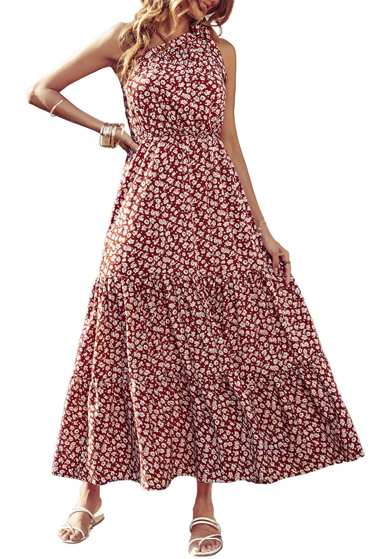 PRETTYGARDEN Women's One Shoulder Boho Floral Maxi Dress | Sleeveless Tiered A Line, Long Flowy Sundress, Tie Knot Summer Vacation Dresses, Spring Wedding Guest Outfits for Beach Party