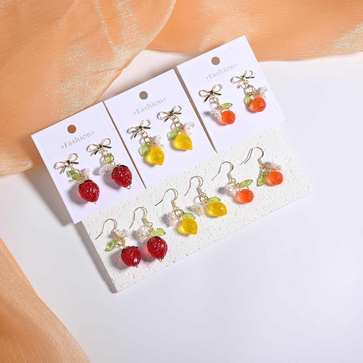 Orange Lemon Strawberry Imported Czech Glass Beads Earrings Handmade Bowtie Fruits Dangling Stud Earrings For Women