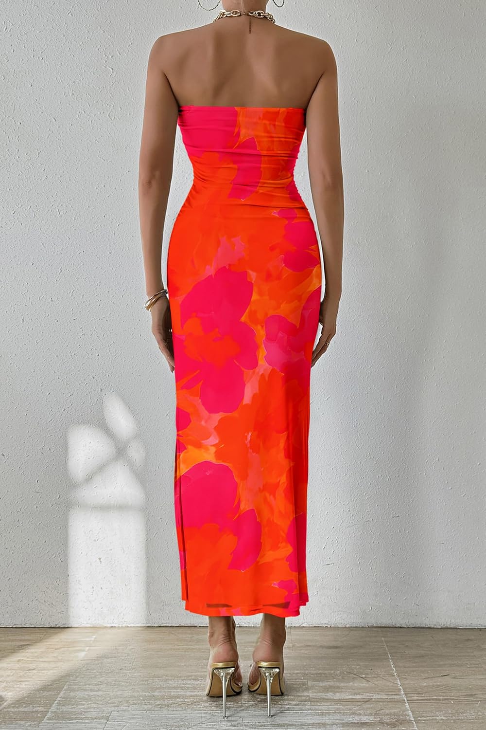 PRETTYGARDEN Women's Strapless Bodycon Floral Maxi Dress | Stretchy Lined Mesh, Long Tube Dresses, Ruched Slit, Spring Summer Y2K Outfits for Wedding, Date Night Party, Beach Vacation