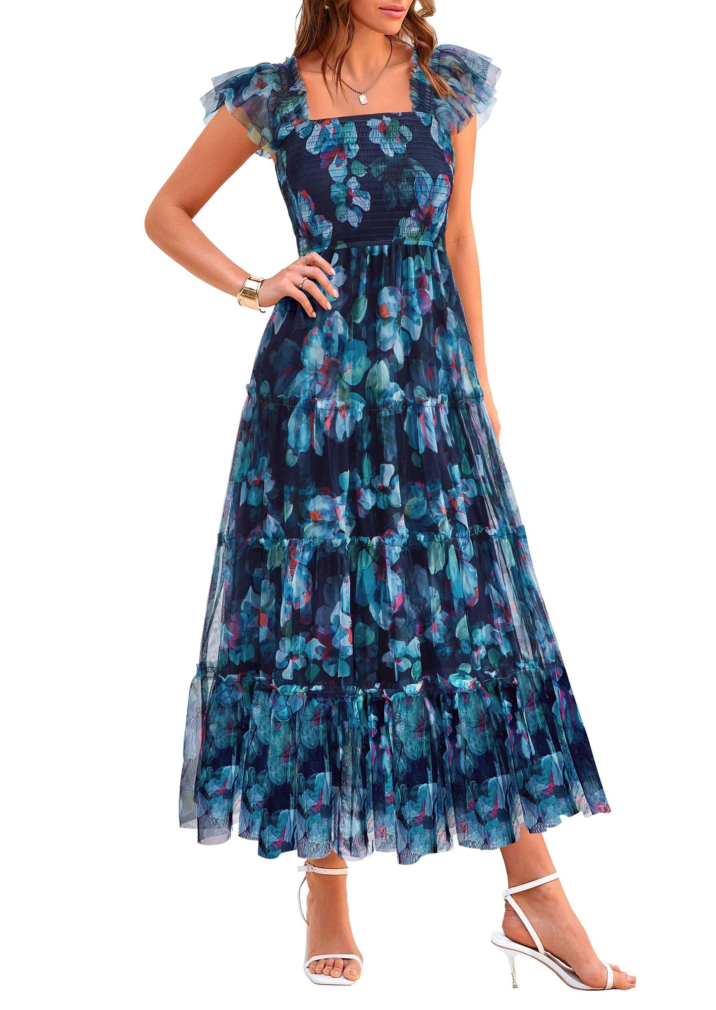 PRETTYGARDEN Women's Summer Smocked Midi Tulle Dress | Sleeveless Square Neck A Line, Flowy Tiered Mesh, Spring Semi Formal Wedding Guest Outfits, Homecoming Prom Party Dresses
