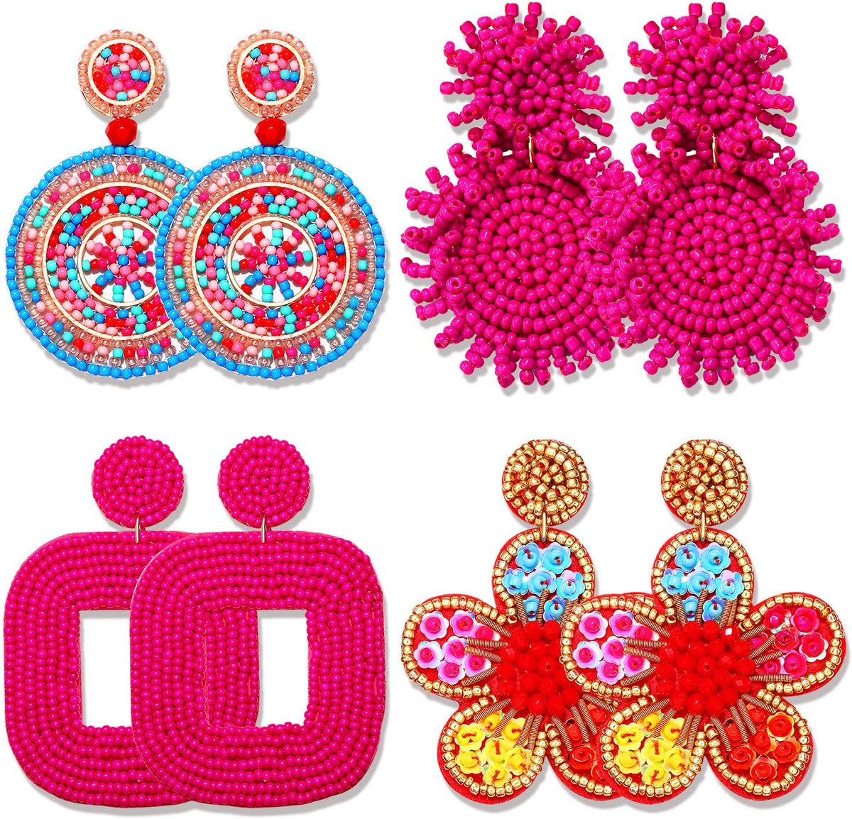 4 Pairs Beaded Earrings for Women Boho Geometric Beaded Dangle Earrings Statement Pineapple Flower Drop Earrings Colorful Summer Earrings Set Jewelry Gift