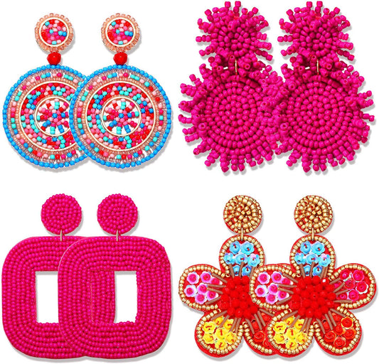 4 Pairs Beaded Earrings for Women Boho Geometric Beaded Dangle Earrings Statement Pineapple Flower Drop Earrings Colorful Summer Earrings Set Jewelry Gift