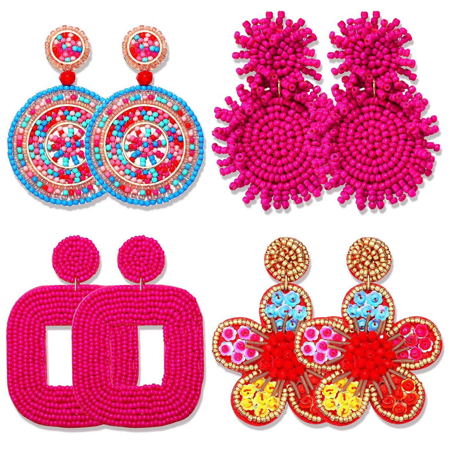 4 Pairs Beaded Earrings for Women Boho Geometric Beaded Dangle Earrings Statement Pineapple Flower Drop Earrings Colorful Summer Earrings Set Jewelry Gift