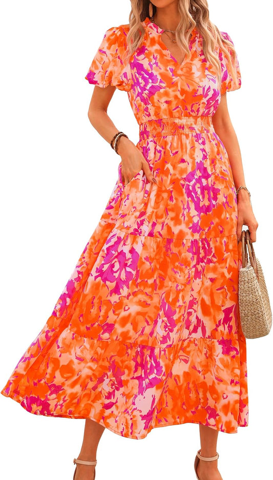MASCOMODA Summer Maxi Dresses for Women 2026 Short Sleeve Long Floral Dress | Puff Sleeve, Casual V Neck, Smocked Waist, Tiered Ruffle Hem, A line Boho Dresses, Elegant Beach Flowy Long Dress Spring