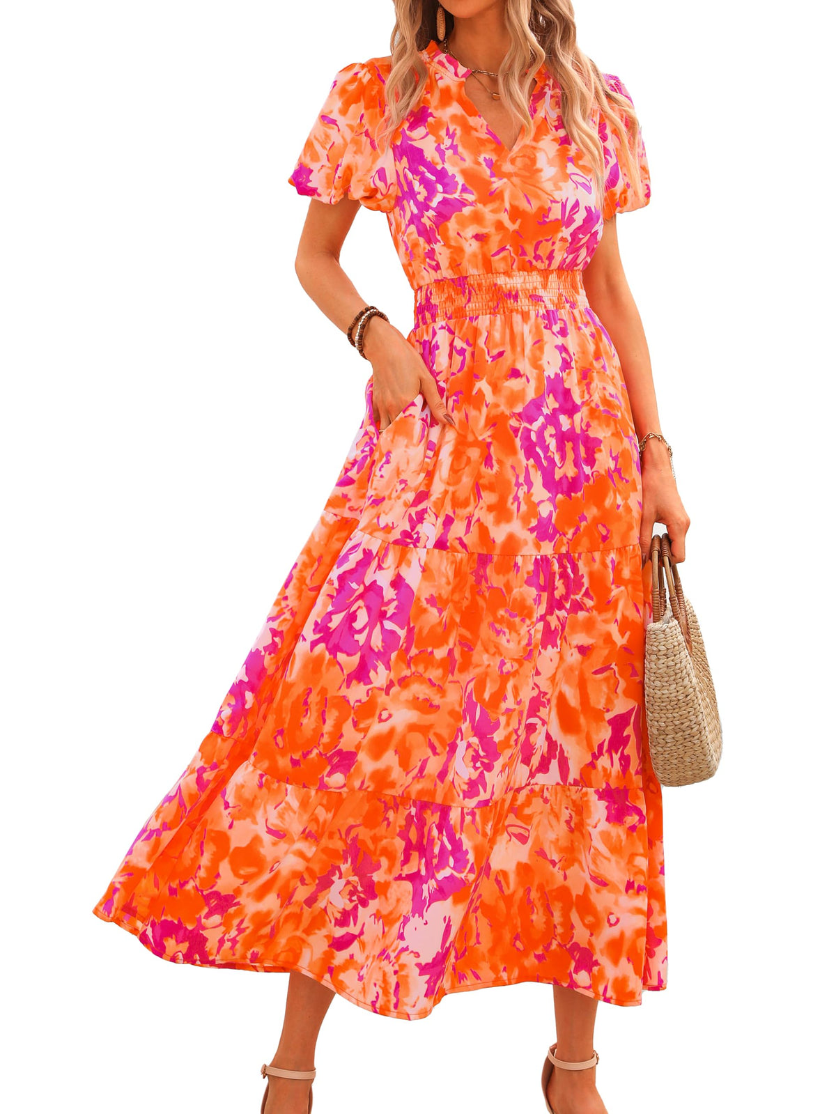 MASCOMODA Summer Maxi Dresses for Women 2026 Short Sleeve Long Floral Dress | Puff Sleeve, Casual V Neck, Smocked Waist, Tiered Ruffle Hem, A line Boho Dresses, Elegant Beach Flowy Long Dress Spring