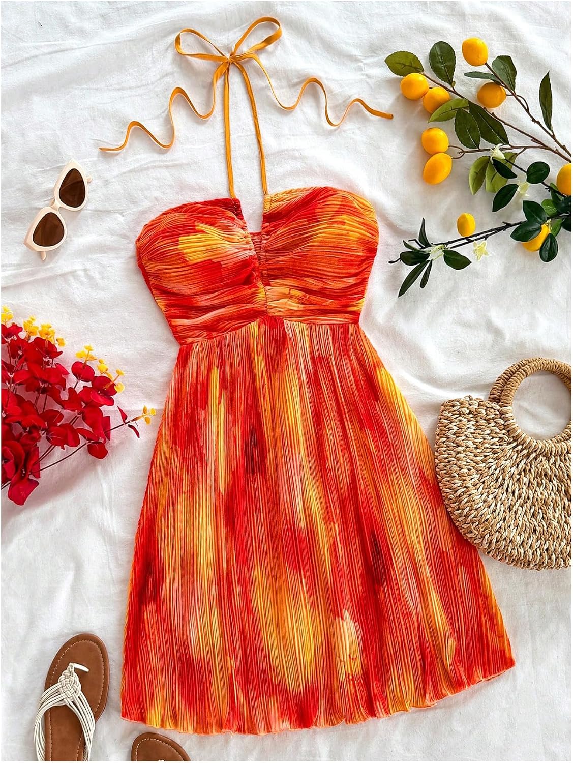 Floerns Women's Tie Dye A Line Flowy Halter Mini Dress Sleeveless Ruched Flare Hem Sundresses