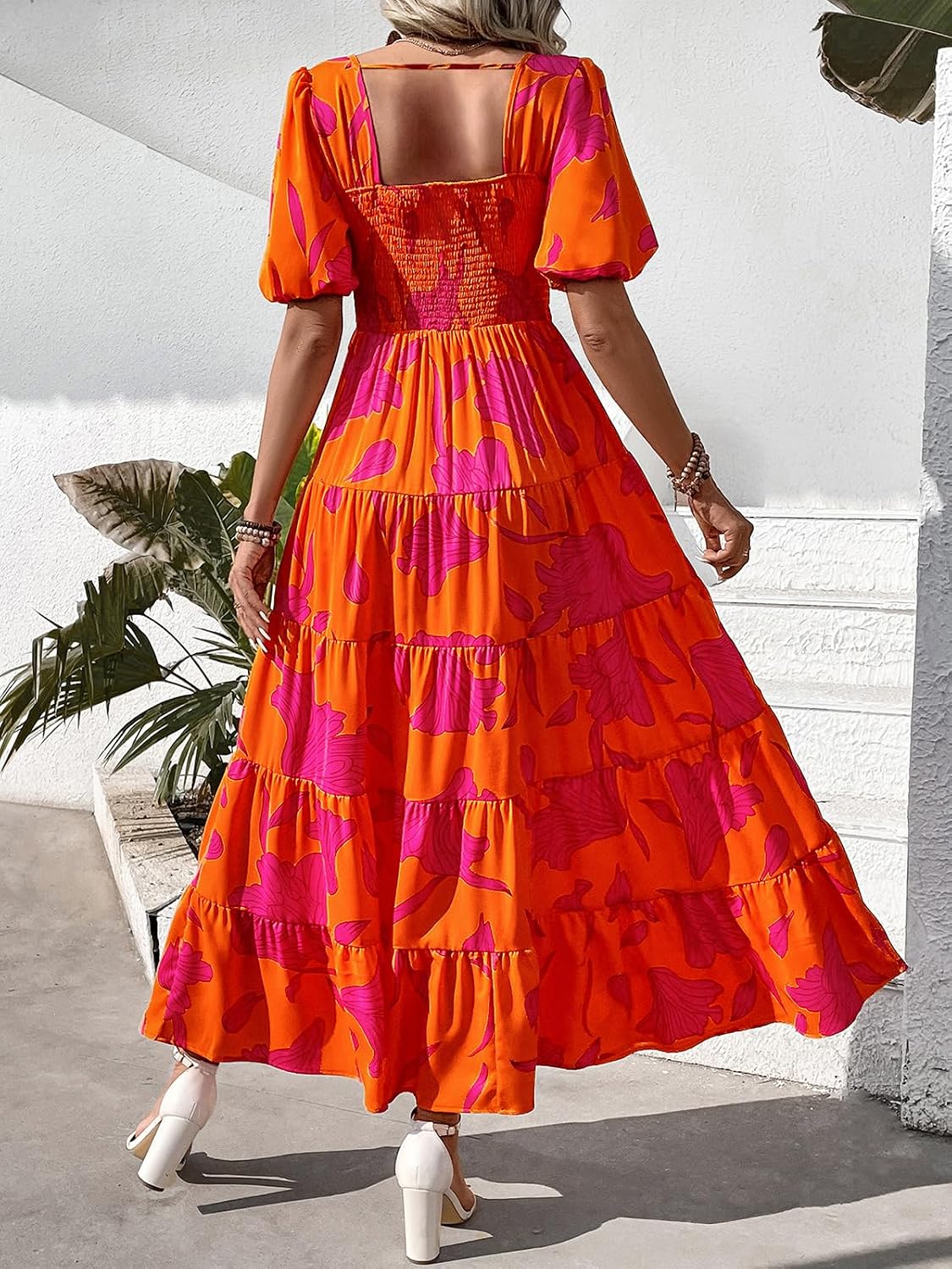 PRETTYGARDEN Puff Short Sleeve Cewneck Floral Long Fall Dresses for Women 2025 Flowy Tiered Hem Maxi Wedding Guest Dress