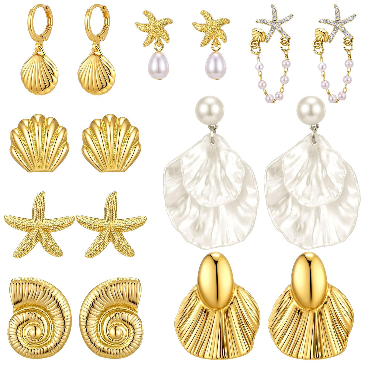 Nosiny 8 Pairs Chunky Gold Beach Earrings for Women Statement Starfish Seashell Flower Summer Earring Fashion Jewelry Set