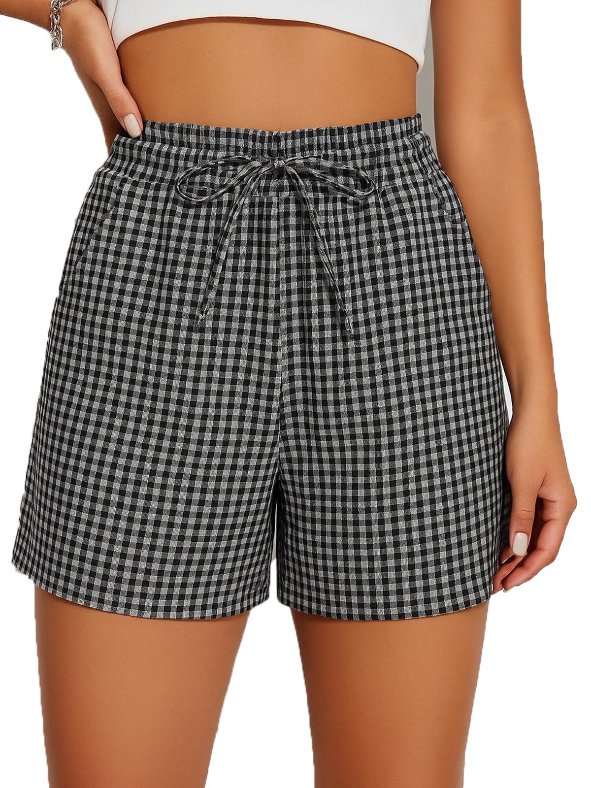 Womens Cotton Striped Gingham Boxer Shorts Checkered Plaid Casual Biker Shorts PJ Pajama Lounge Sleep Summer Beach Vacation