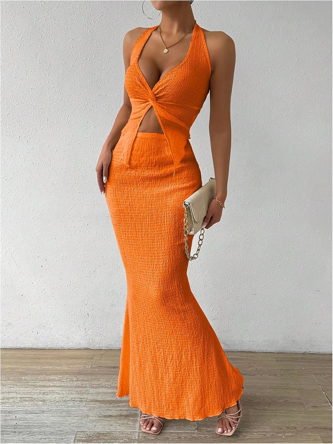 SOLY HUX Women's 2 Piece Outfit Twist Front Halter Cami Skirt Summer Set | Summer Vacation Outfits, Maxi Skirt Set