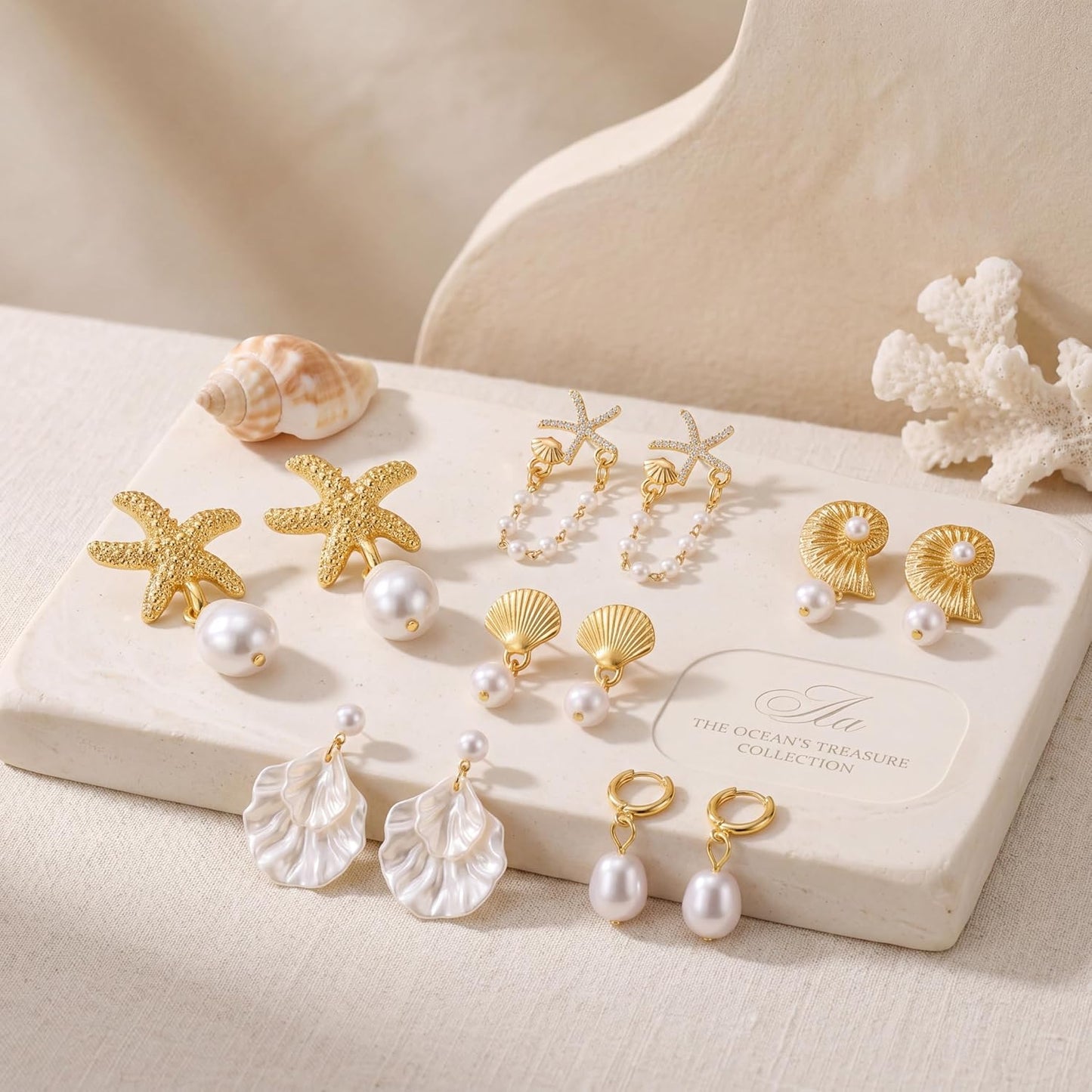 Tondiamo 6 Pairs Gold Earrings Beach Outfits for Women Starfish Earrings Seashell Pearl Jewelry Summer Fashion Accessory Shell Drop Hoop Tropical Beachy Gift for Cruise Travel Ocean Tropical Vacation