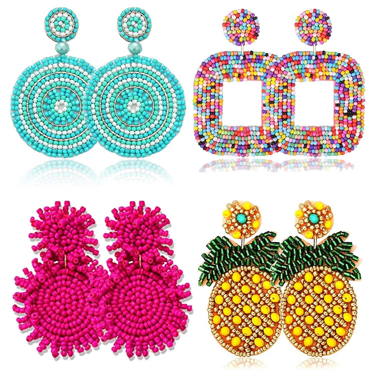 4 Pairs Beaded Earrings for Women Boho Geometric Beaded Dangle Earrings Statement Pineapple Flower Drop Earrings Colorful Summer Earrings Set Jewelry Gift