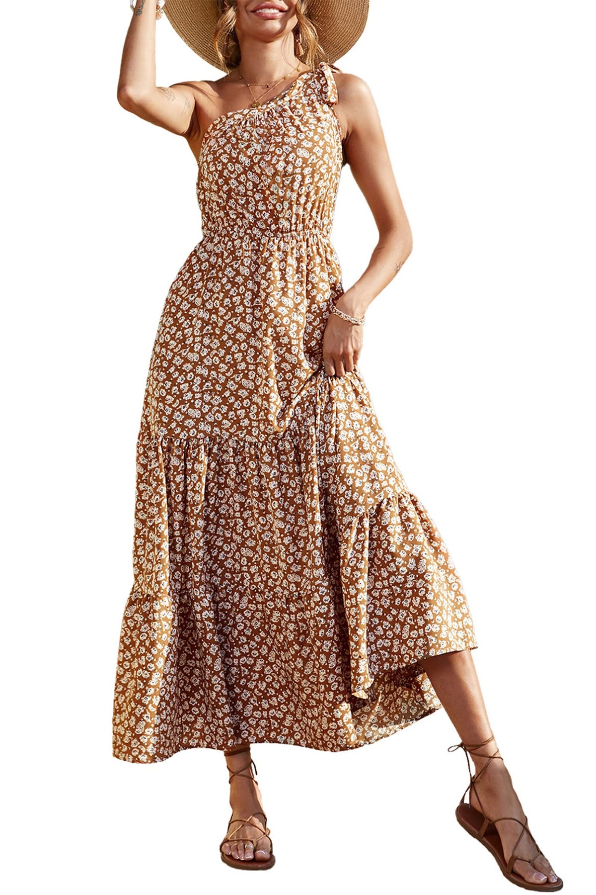 PRETTYGARDEN Women's One Shoulder Boho Floral Maxi Dress | Sleeveless Tiered A Line, Long Flowy Sundress, Tie Knot Summer Vacation Dresses, Spring Wedding Guest Outfits for Beach Party