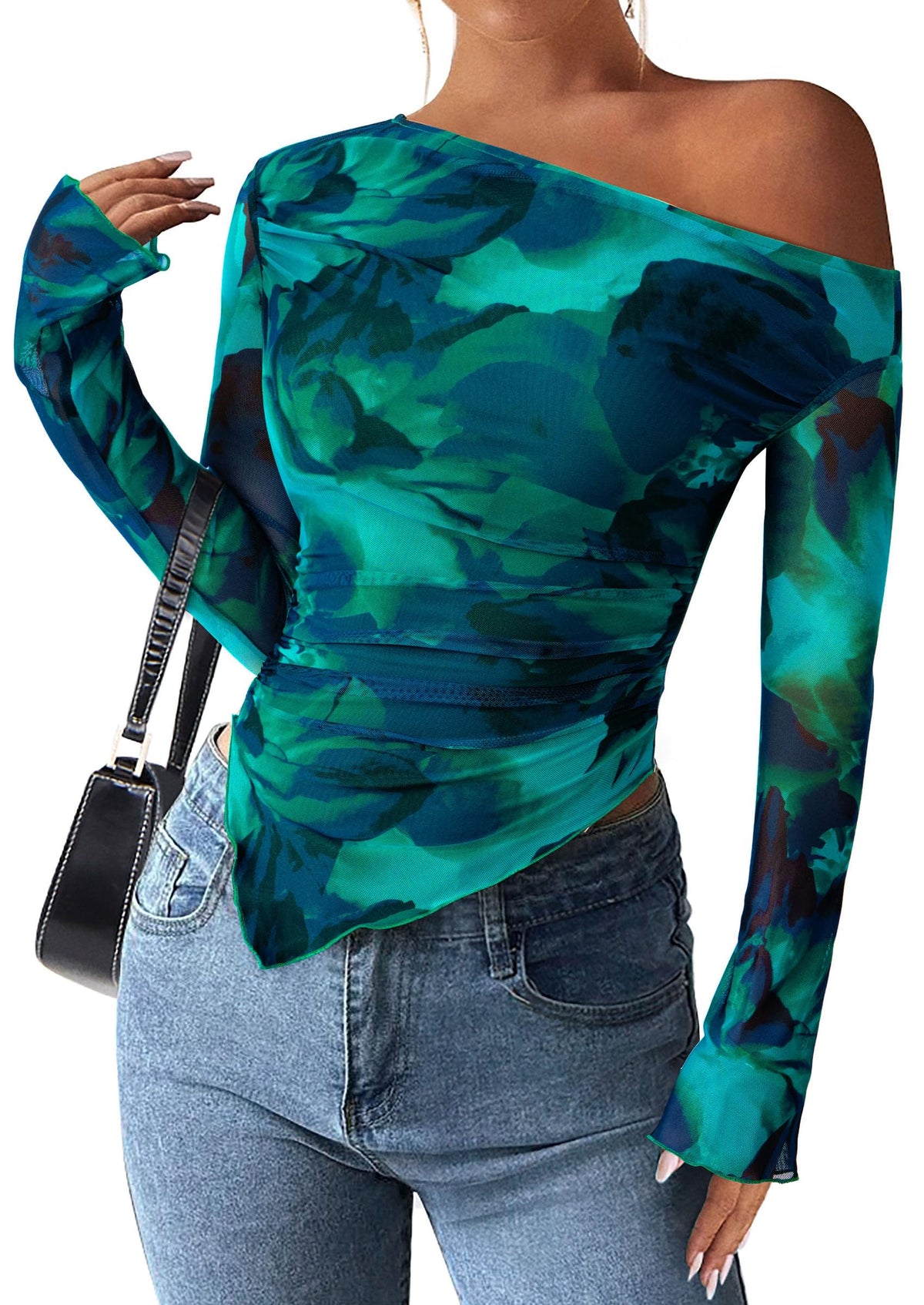 PRETTYGARDEN Womens Off Shoulder Mesh Y2k Tops | Stretchy Fitted Long Sleeve Shirts,Tie Dye Floral Blouse,Double Lined Ruched,Asymmetrical Hem,Going Out Daily Fall Clothes