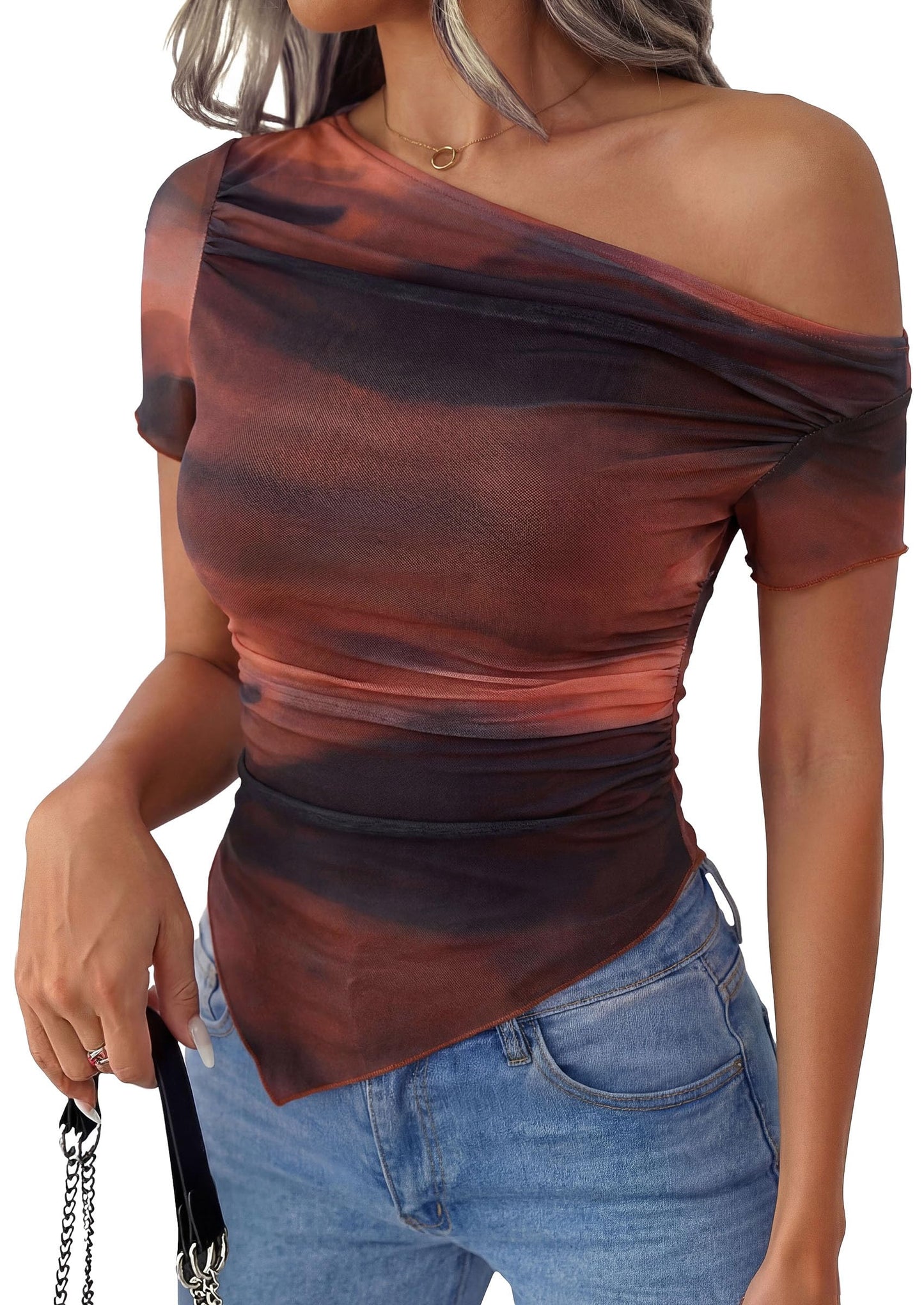 PRETTYGARDEN Mesh Off The Shoulder Tops for Women | Soft Stretchy Knit,Slim Fit Tie Dye Shirt,Double Lined Blouses,Asymmetrical Ruched Y2k Clothes,Summer Beach Vacation Outfits