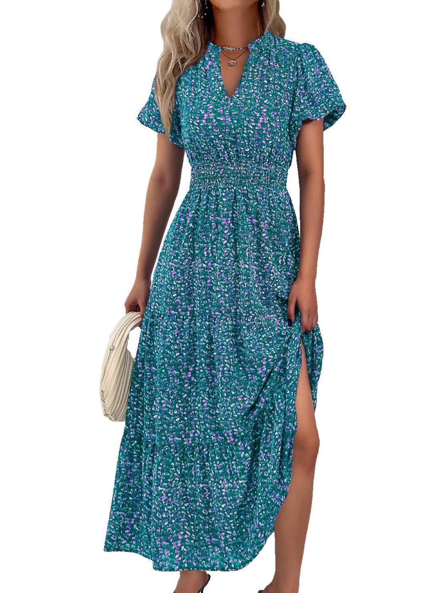 MASCOMODA Summer Maxi Dresses for Women 2026 Short Sleeve Long Floral Dress | Puff Sleeve, Casual V Neck, Smocked Waist, Tiered Ruffle Hem, A line Boho Dresses, Elegant Beach Flowy Long Dress Spring