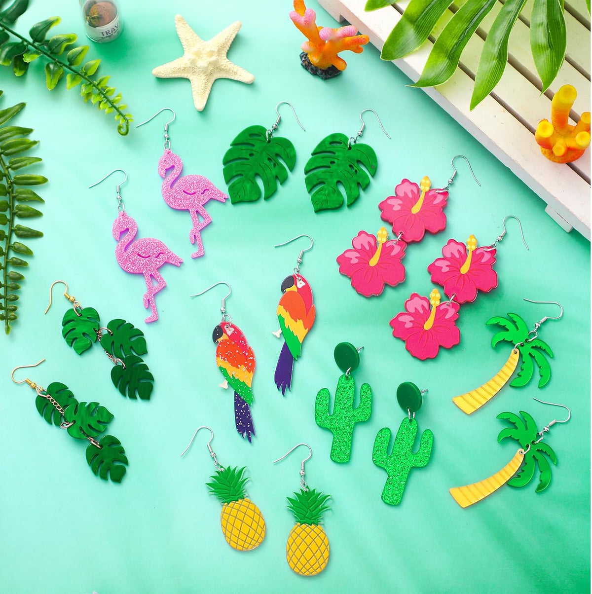 8 Pairs Summer Earrings for Women Hawaiian Tropical Acrylic Dangle Earrings Hawaii Flower Pineapple Leaf Earring Holiday Jewelry
