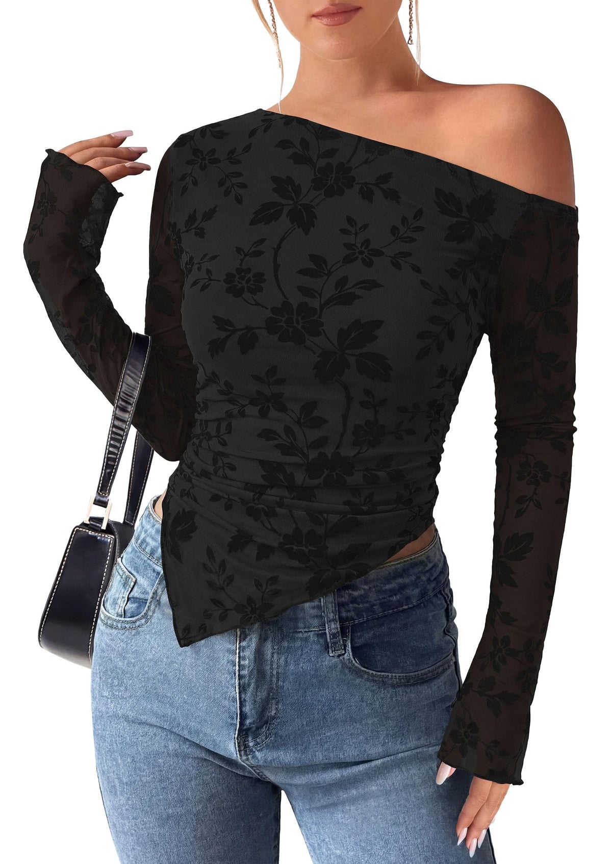 PRETTYGARDEN Womens Off Shoulder Mesh Y2k Tops | Stretchy Fitted Long Sleeve Shirts,Tie Dye Floral Blouse,Double Lined Ruched,Asymmetrical Hem,Going Out Daily Fall Clothes
