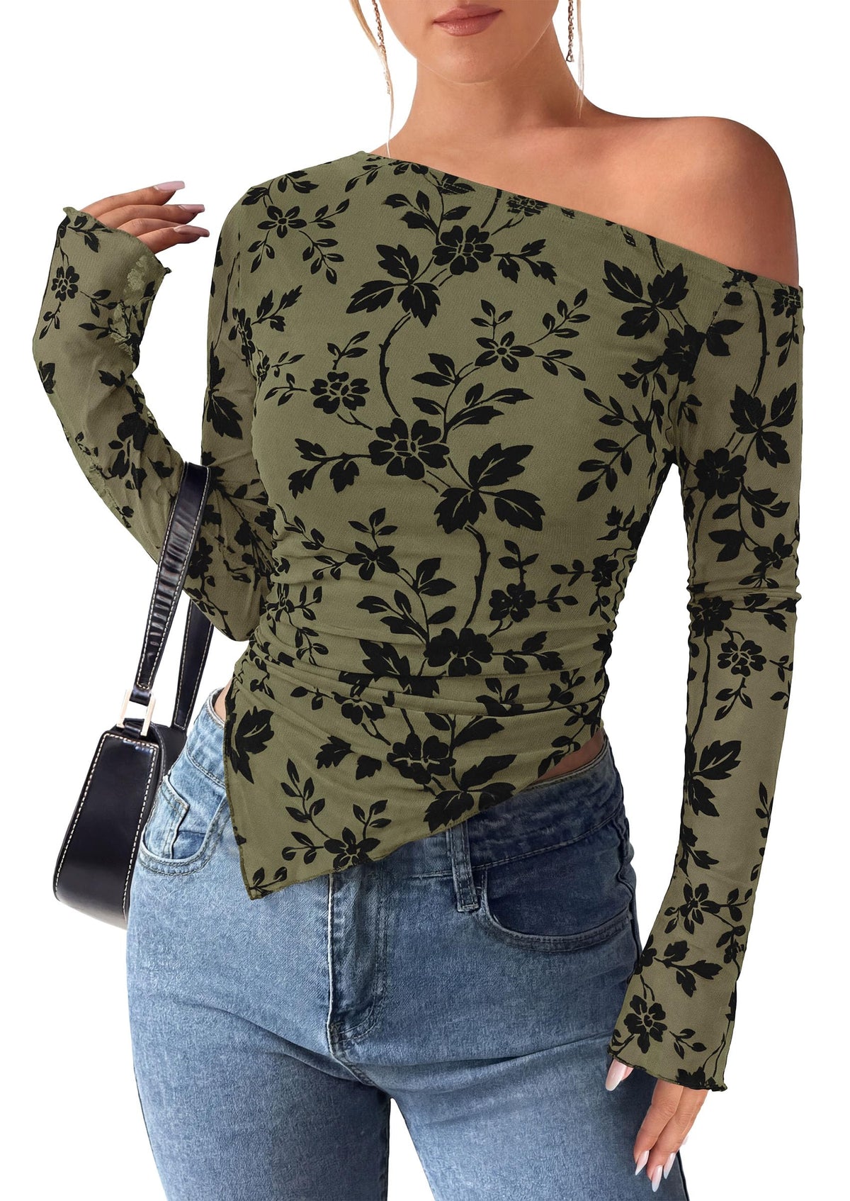 PRETTYGARDEN Womens Off Shoulder Mesh Y2k Tops | Stretchy Fitted Long Sleeve Shirts,Tie Dye Floral Blouse,Double Lined Ruched,Asymmetrical Hem,Going Out Daily Fall Clothes