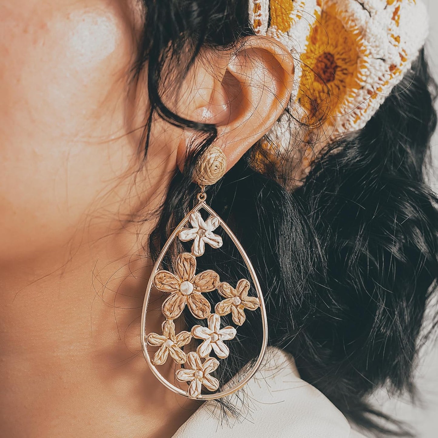 Boho Raffia Flower Teardrop Earrings Cute Colorful Dangle Trendy Jewelry | Floral Drop Statement Big Dangling Earring Hypoallergenic Gold Fun Unique Summer Spring Beach Vacation Outfits for Women