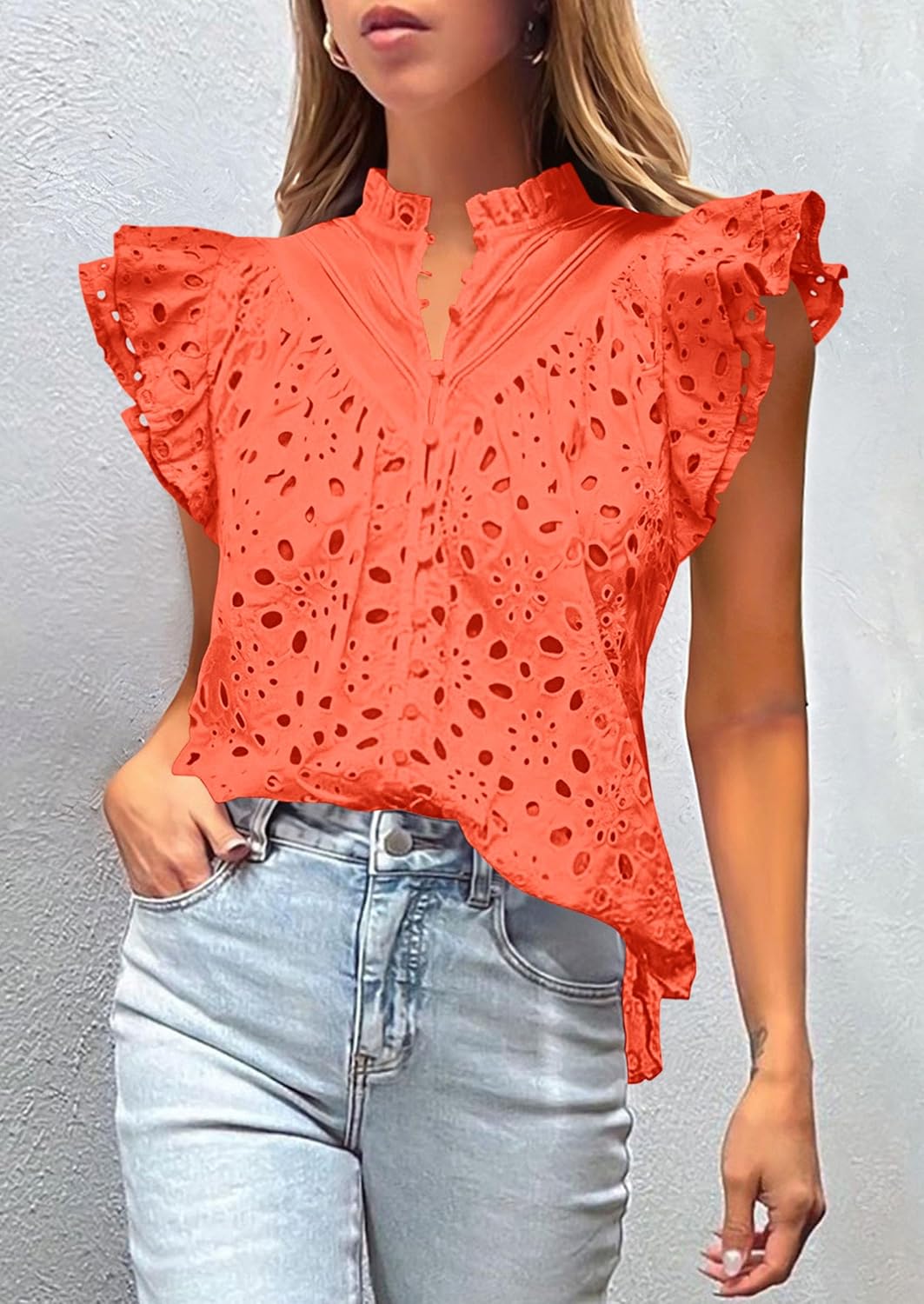 PRETTYGARDEN Women's Eyelet V Neck Summer Tops Dressy Casual | Soft Cotton with Lining,Button Boho Top,Cap Ruffle Sleeve,Hollow Out Embroidered Shirts,Resort Wear,Beach Vacation Clothes