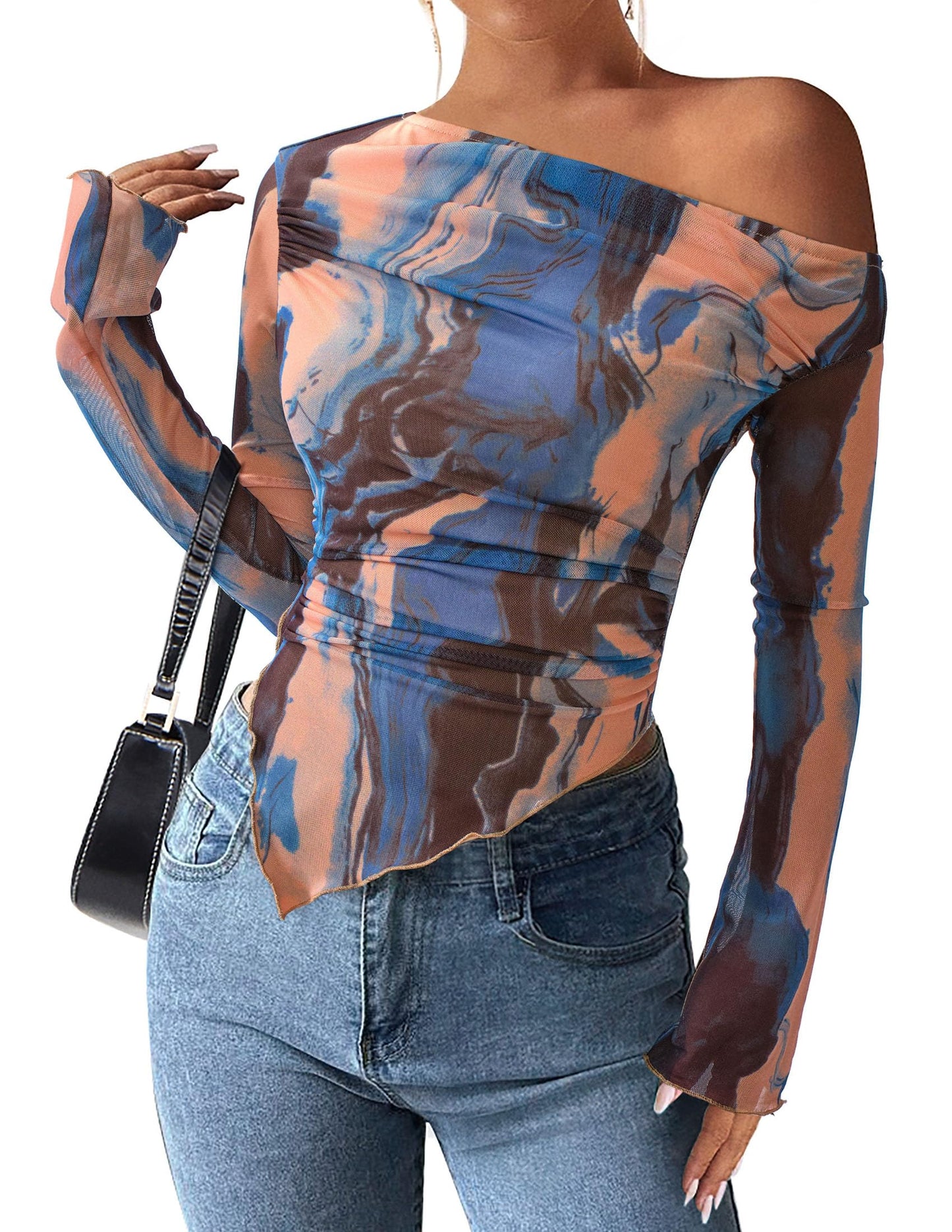 PRETTYGARDEN Womens Off Shoulder Mesh Y2k Tops | Stretchy Fitted Long Sleeve Shirts,Tie Dye Floral Blouse,Double Lined Ruched,Asymmetrical Hem,Going Out Daily Fall Clothes