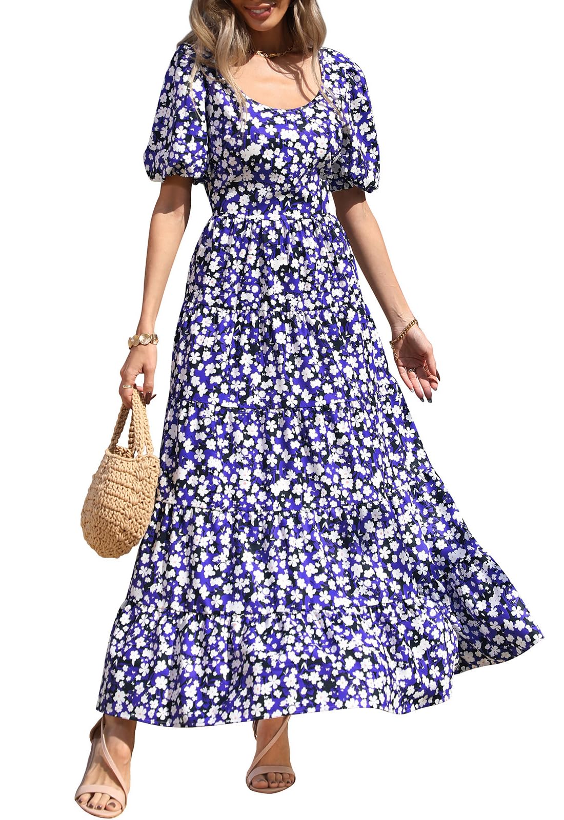 PRETTYGARDEN Puff Short Sleeve Cewneck Floral Long Fall Dresses for Women 2025 Flowy Tiered Hem Maxi Wedding Guest Dress
