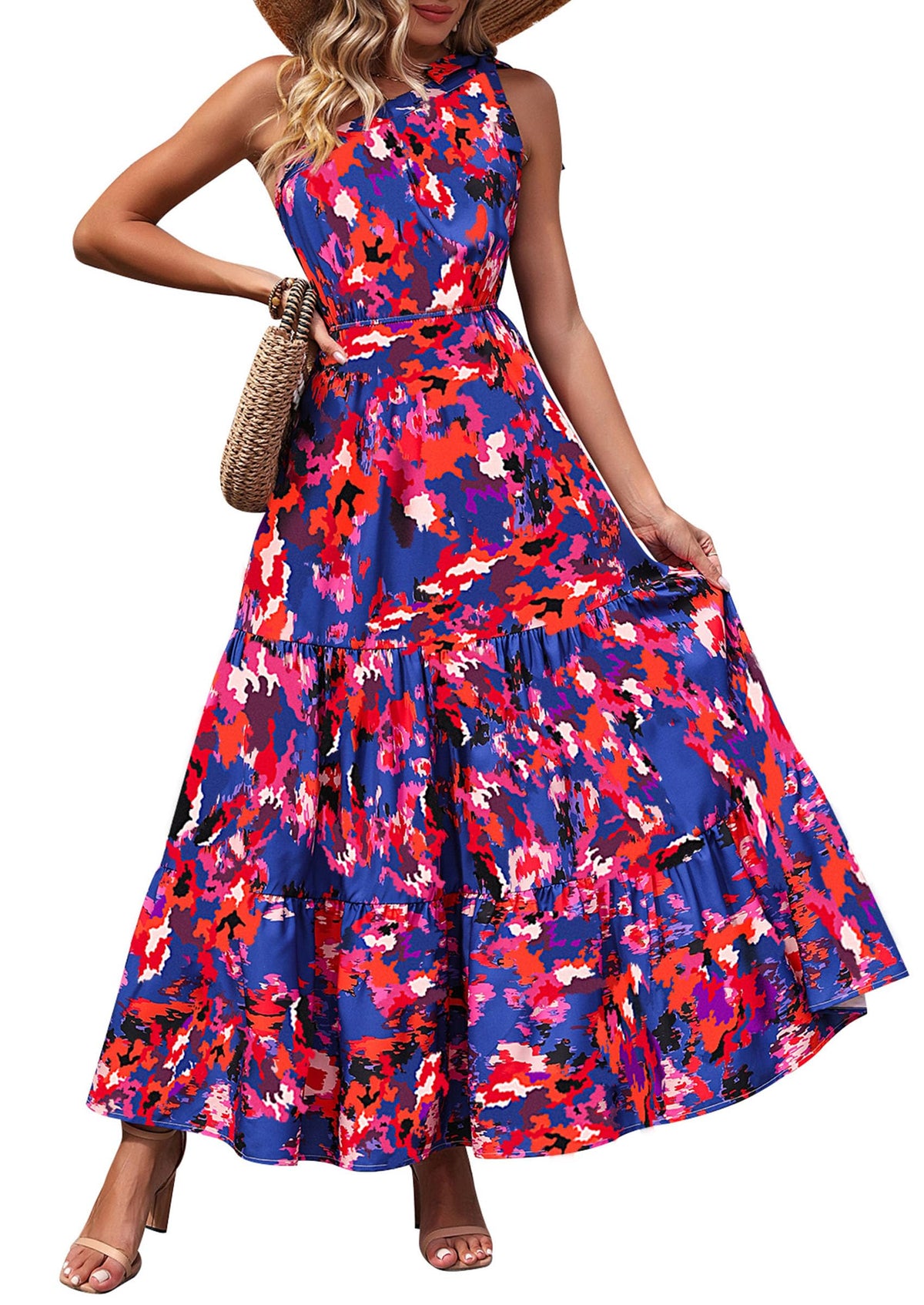 PRETTYGARDEN Women's One Shoulder Boho Floral Maxi Dress | Sleeveless Tiered A Line, Long Flowy Sundress, Tie Knot Summer Vacation Dresses, Spring Wedding Guest Outfits for Beach Party