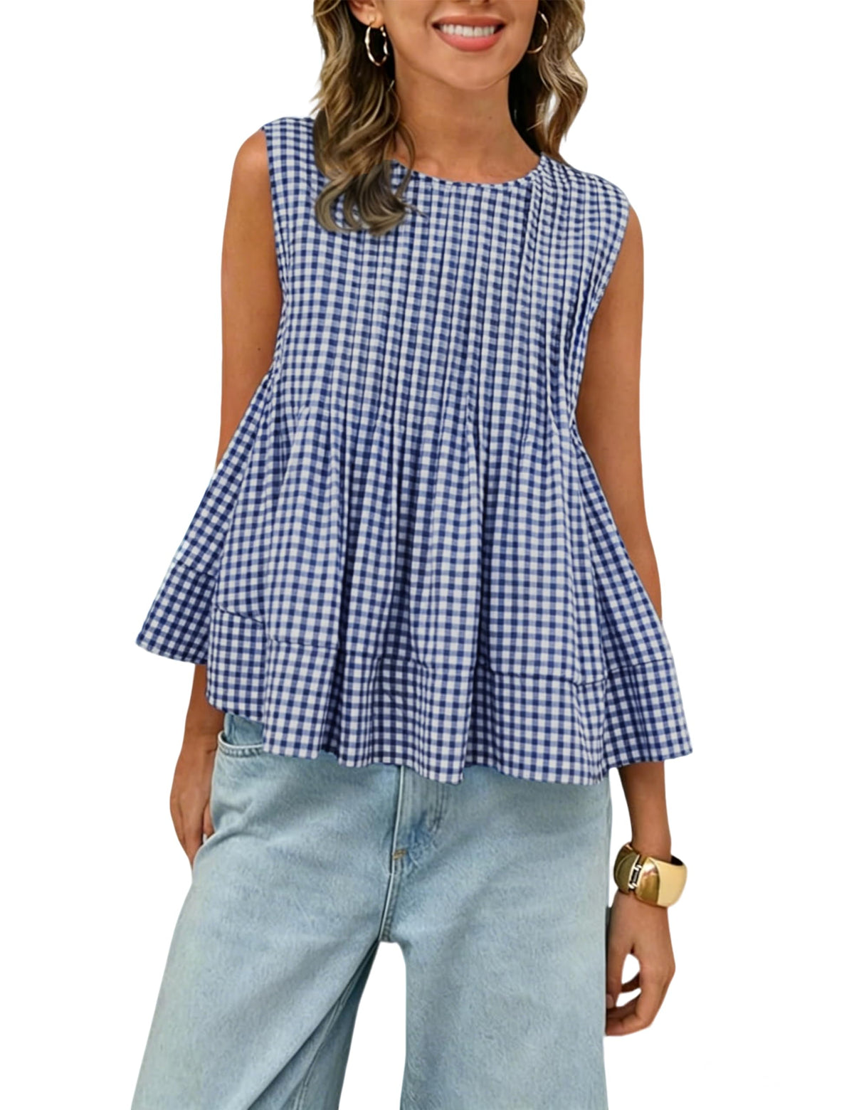 Megfie Womens Summer Pleated Peplum Sleeveless Blouse Tank Tops Round Neck Y2K Babydoll Blouse Shirt