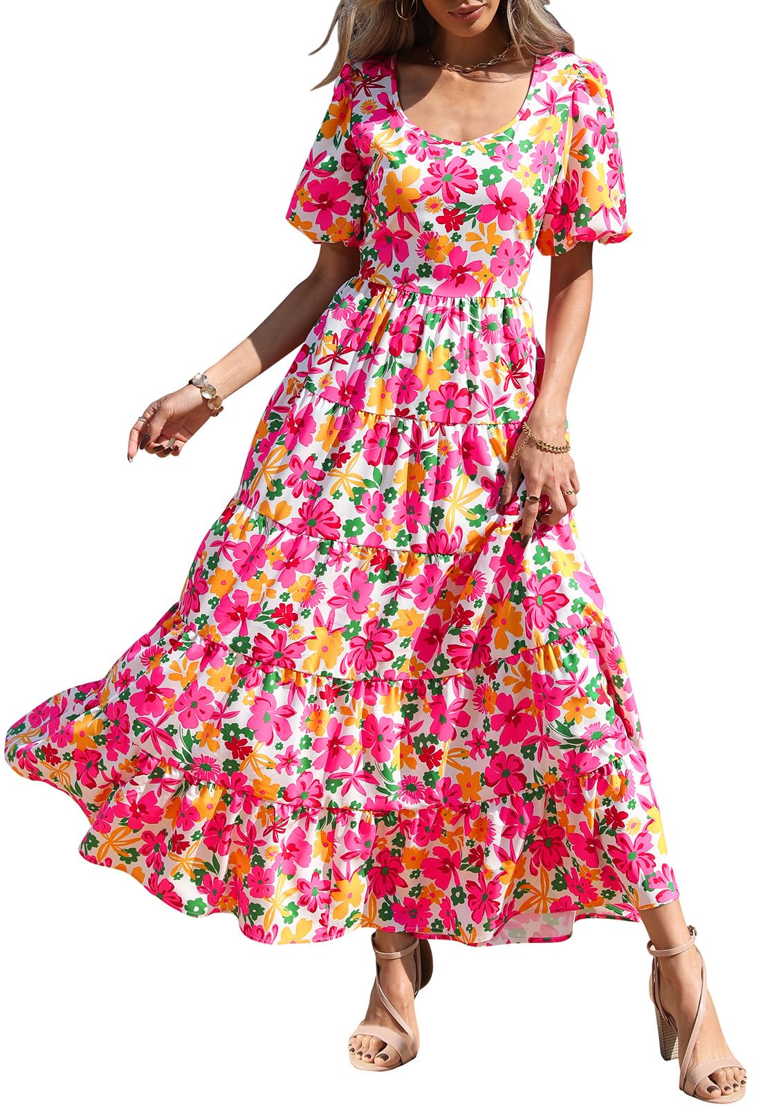 PRETTYGARDEN Puff Short Sleeve Cewneck Floral Long Fall Dresses for Women 2025 Flowy Tiered Hem Maxi Wedding Guest Dress