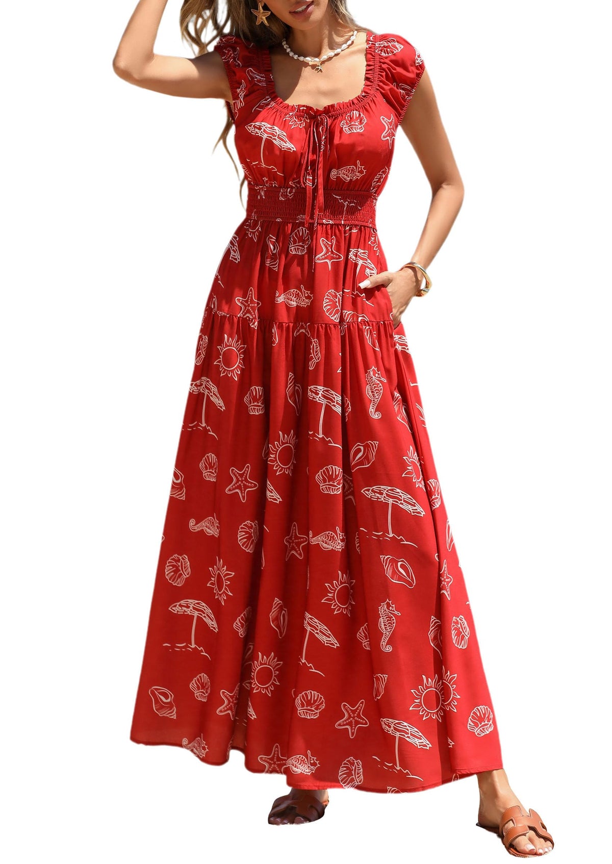 PRETTYGARDEN Women Boho Floral Maxi Sun Dress | Flowy A Line, Smocked Waist, Square Neck, Pockets, Spring Summer Elegant Outfits for Wedding, Beach Vacation, Resort Wear