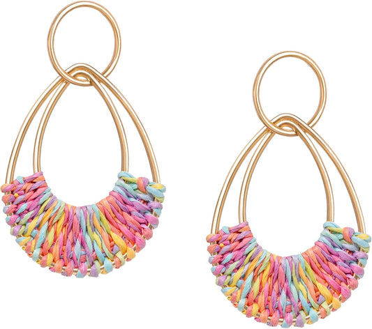 Raffia Hoop Earrings for Women Fun Boho Summer Beach Earrings Lightweight Handmade Straw Wicker Rattan Dangle Earrings Statement Geometric Round Drop Earrings