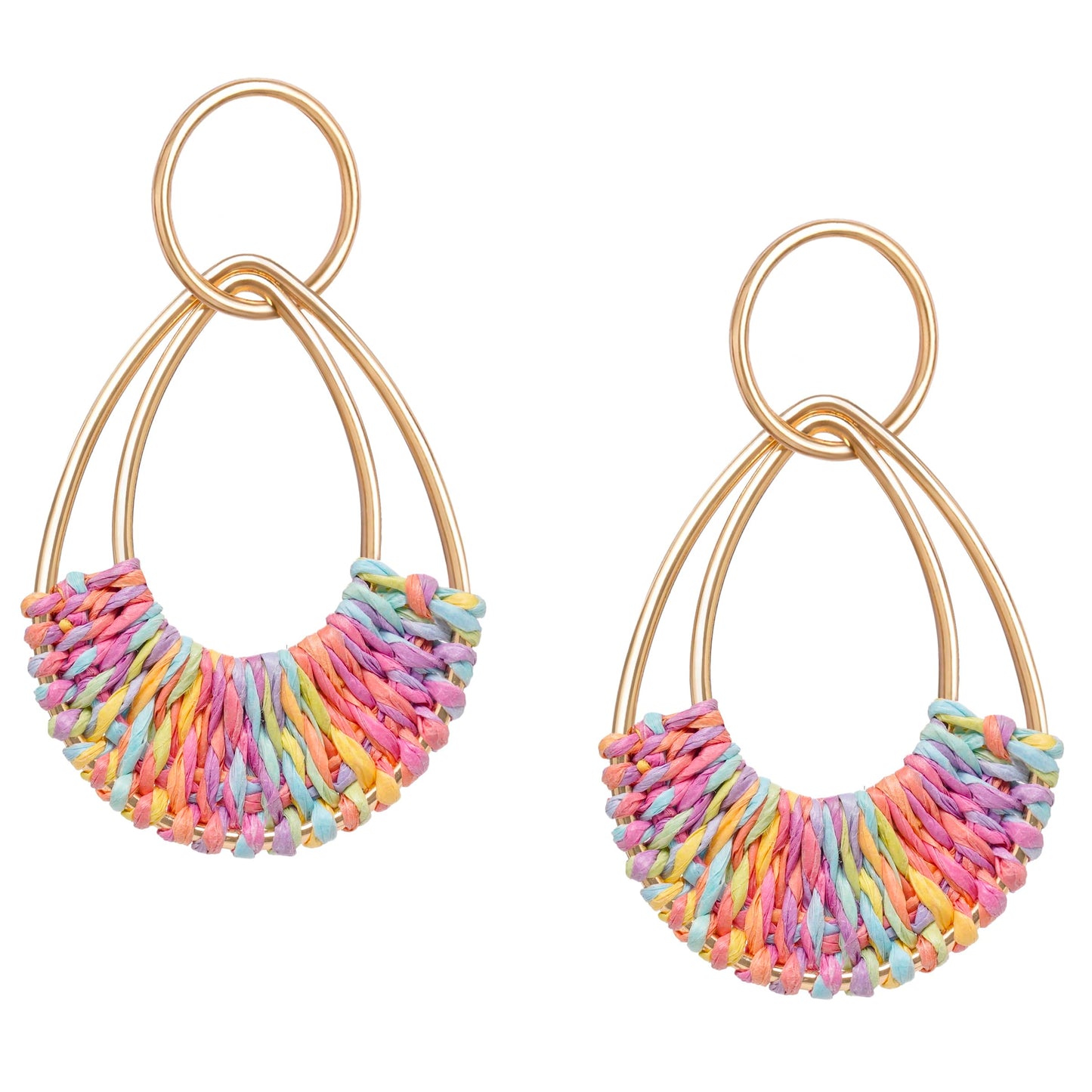 Raffia Hoop Earrings for Women Fun Boho Summer Beach Earrings Lightweight Handmade Straw Wicker Rattan Dangle Earrings Statement Geometric Round Drop Earrings