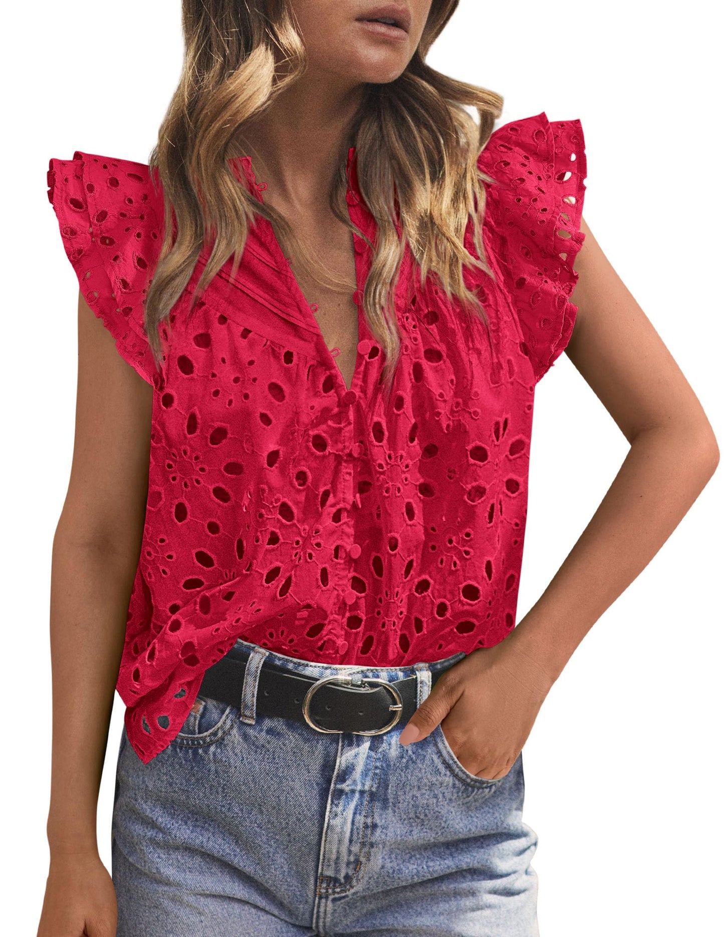 PRETTYGARDEN Women's Eyelet V Neck Summer Tops Dressy Casual | Soft Cotton with Lining,Button Boho Top,Cap Ruffle Sleeve,Hollow Out Embroidered Shirts,Resort Wear,Beach Vacation Clothes