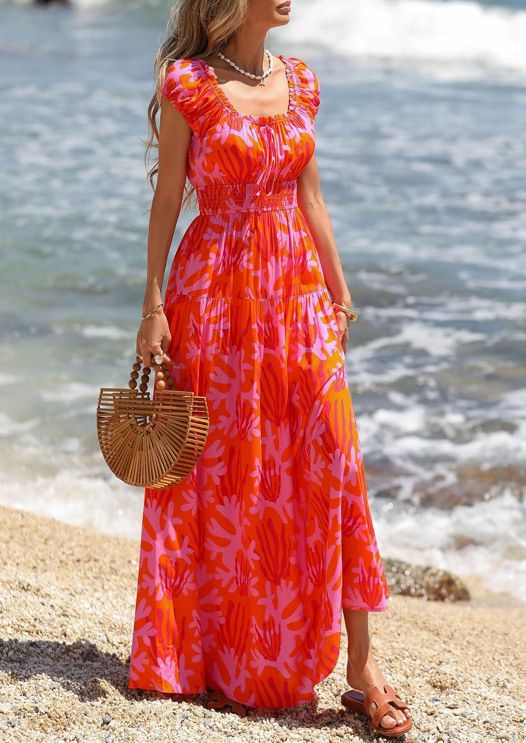 PRETTYGARDEN Women Boho Floral Maxi Sun Dress | Flowy A Line, Smocked Waist, Square Neck, Pockets, Spring Summer Elegant Outfits for Wedding, Beach Vacation, Resort Wear