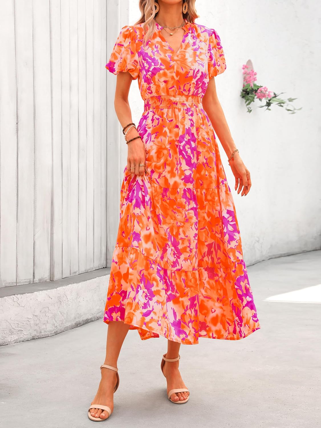 MASCOMODA Summer Maxi Dresses for Women 2026 Short Sleeve Long Floral Dress | Puff Sleeve, Casual V Neck, Smocked Waist, Tiered Ruffle Hem, A line Boho Dresses, Elegant Beach Flowy Long Dress Spring
