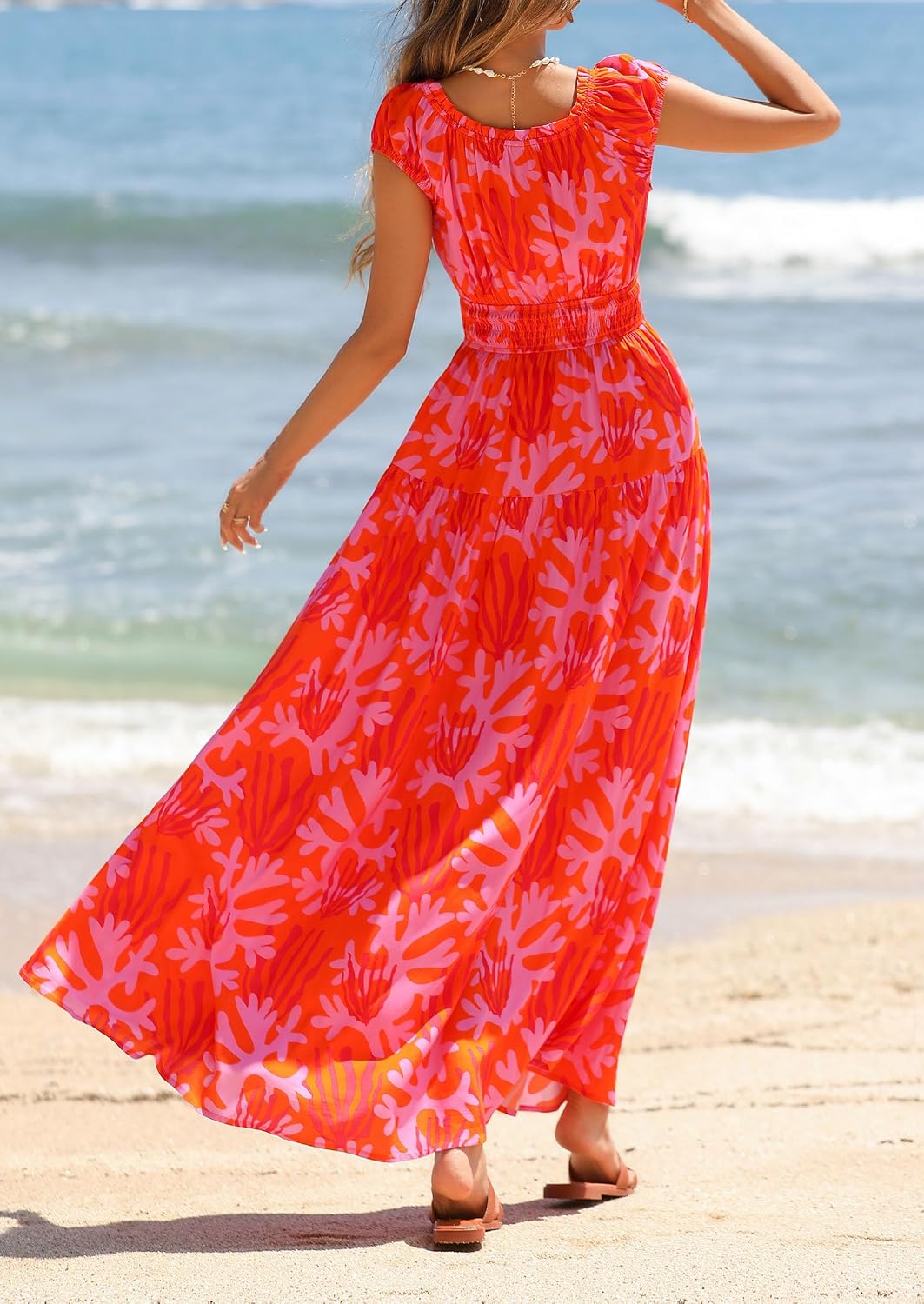 PRETTYGARDEN Women Boho Floral Maxi Sun Dress | Flowy A Line, Smocked Waist, Square Neck, Pockets, Spring Summer Elegant Outfits for Wedding, Beach Vacation, Resort Wear