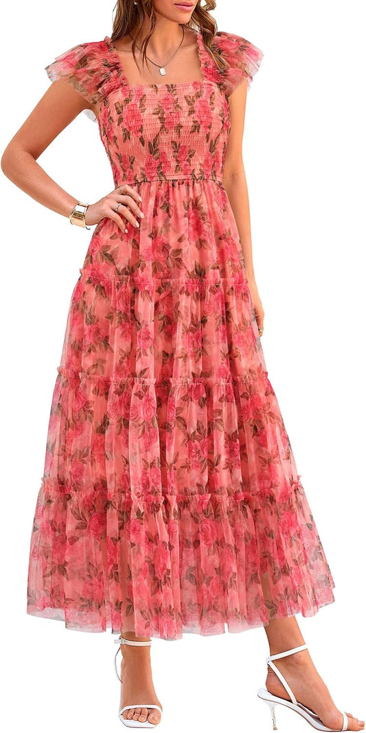 PRETTYGARDEN Women's Summer Smocked Midi Tulle Dress | Sleeveless Square Neck A Line, Flowy Tiered Mesh, Spring Semi Formal Wedding Guest Outfits, Homecoming Prom Party Dresses