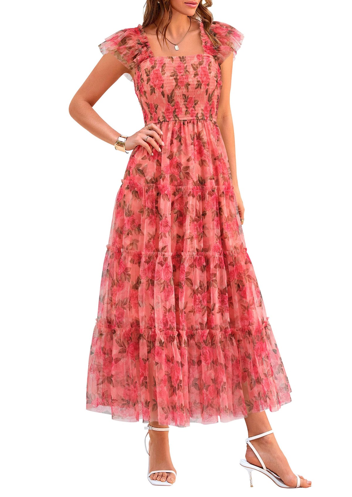PRETTYGARDEN Women's Summer Smocked Midi Tulle Dress | Sleeveless Square Neck A Line, Flowy Tiered Mesh, Spring Semi Formal Wedding Guest Outfits, Homecoming Prom Party Dresses