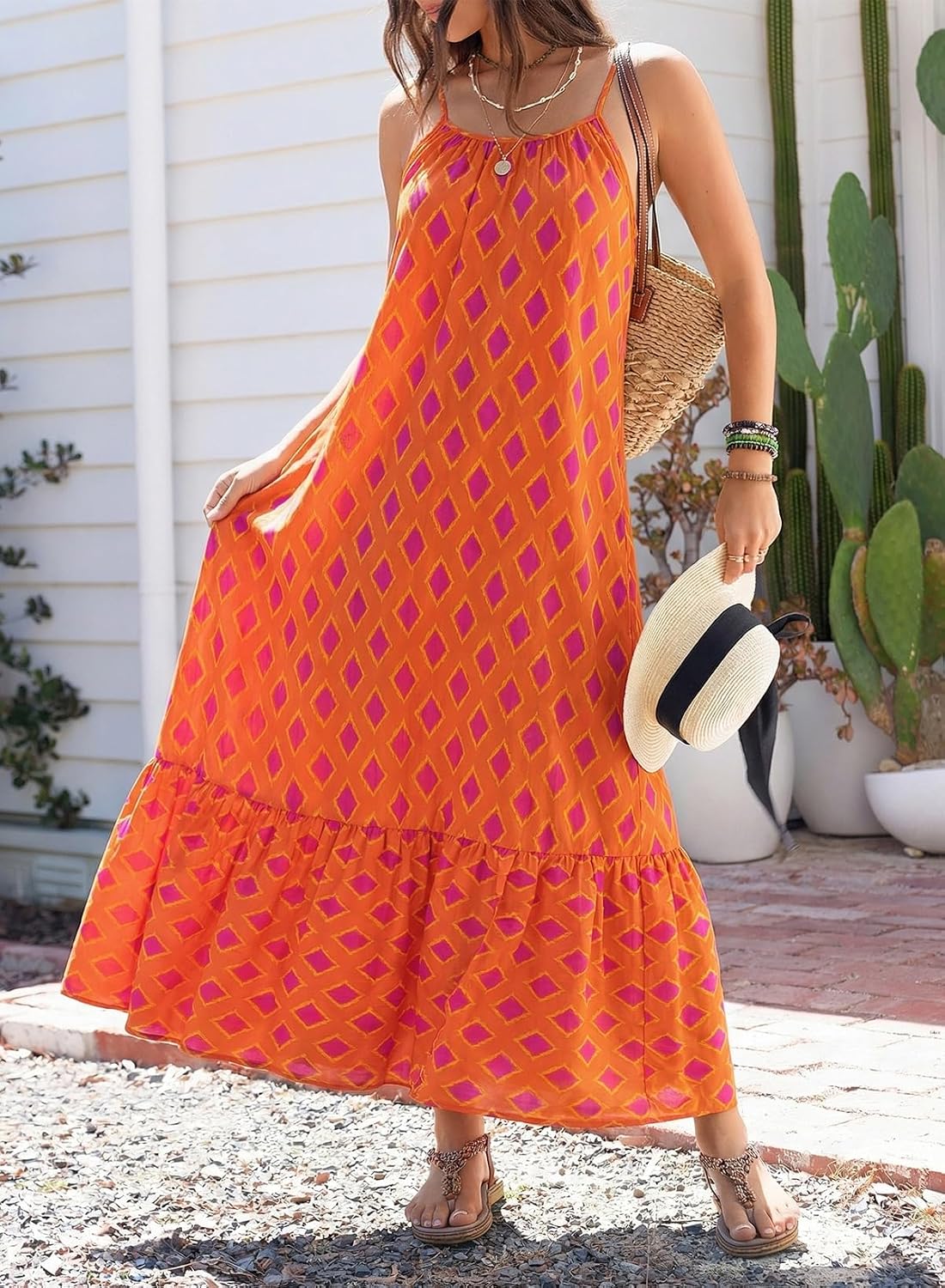 Dokotoo Women Summer Dresses Scoop Neck Ruffle Flowy Boho Maxi Dress | Spaghetti Strap Sundresses,Sleeveless,Beach Vacation Clothes,Ruffle A Line,Casual Boho Printed,Hawaiian Dresses,Wedding Guest