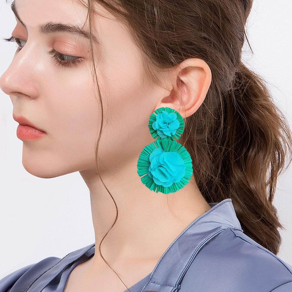 Hawaiian Vibrant Rattan Flower Statement Drop Earrings | Boho Lightweight Cute and Fun Big Raffia Straw Wrapped Floral Dangle Earrings for Women Tropical Sea Vacation Beachy Jewelry